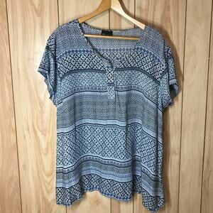 JNY Jones New York Blue Striped Comfortable V-Neck Short Sleeve Top